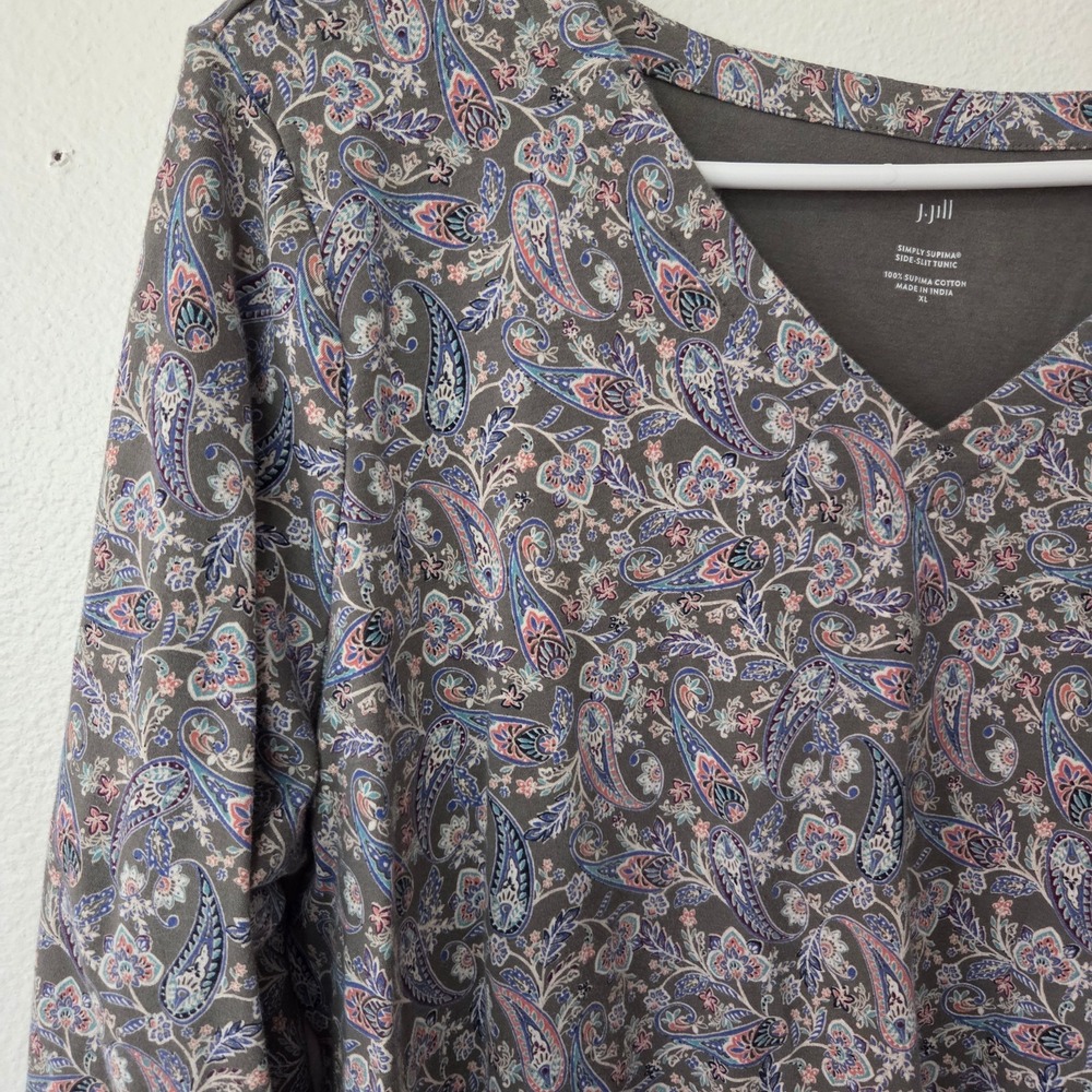 J Jill Simply Supima Cotton Side-Slit Tunic Top Shirt V-Neck Paisley Floral XL